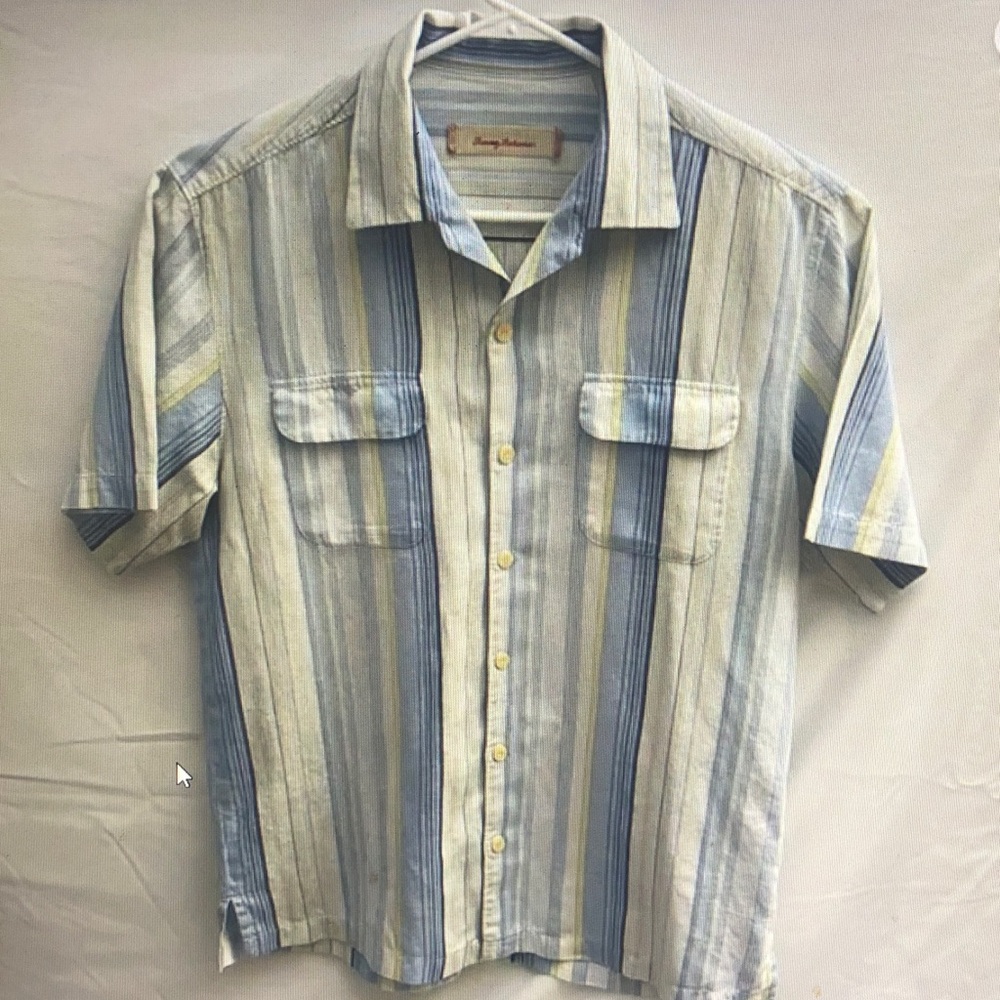 Tommy Bahama Blue and Cream Striped Button Down Shirt
